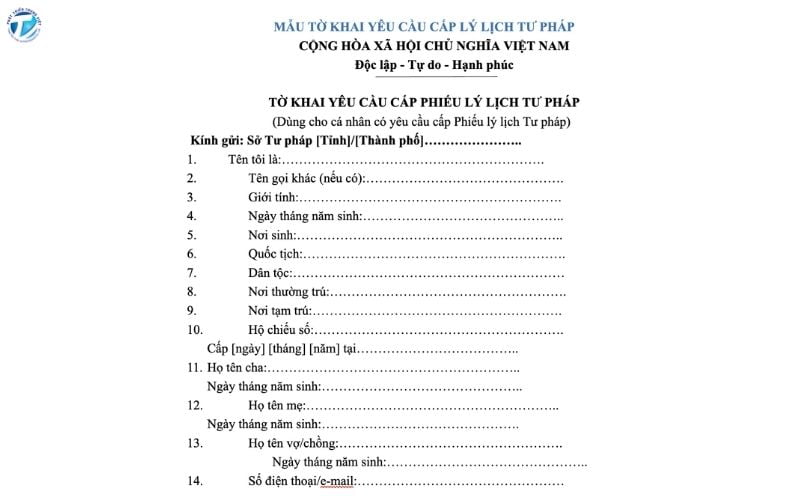 Tờ khai yêu cầu cấp phiếu lý lịch tư pháp